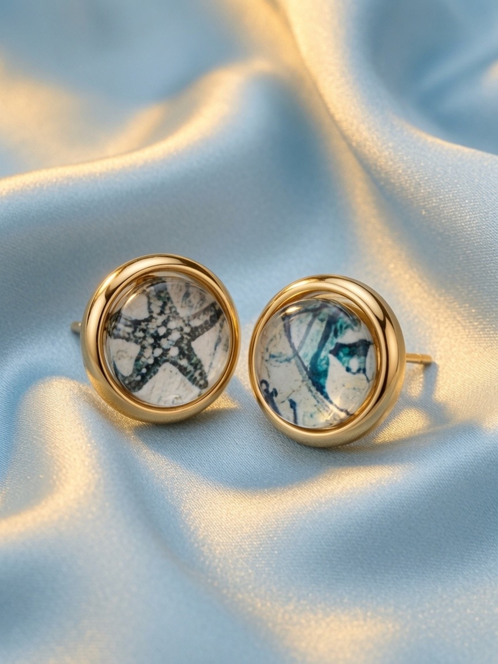 Gold-Plated Black & White Marble Stud Earrings